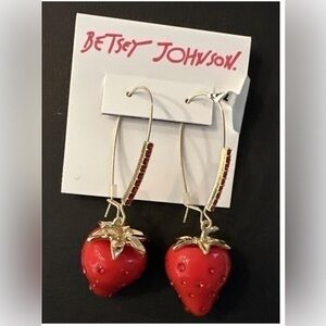 Betsey Johnson Gold Tone Babycakes Red Strawberry Drop Earrings Crystal